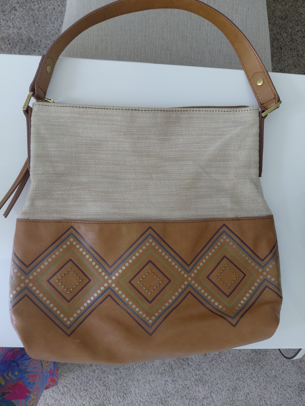Fossil Tan & Cream Crossbody Hobo with Geometric Accent - Picture 2 of 4